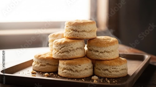 Freshly baked biscuits stacked on a wooden tray near a sunlit window with steam rising
