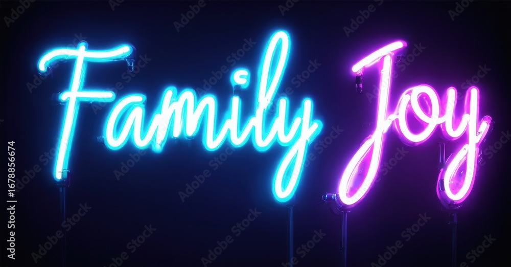 Obraz premium Bright neon sign displays words Family Joy. Vivid blue, purple hues create cheerful atmosphere. Simple, elegant lettering.