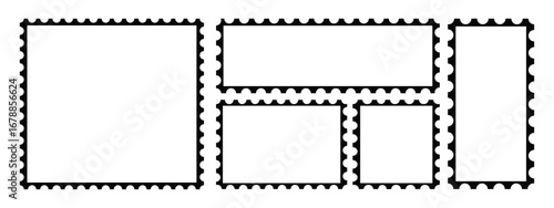 Set of vector stamp frames jagged rectangle, square shape element. Various scalloped and zigzag frame. Postage stamp. Black postage stamp template. Postage icon. Rectangle shape frames