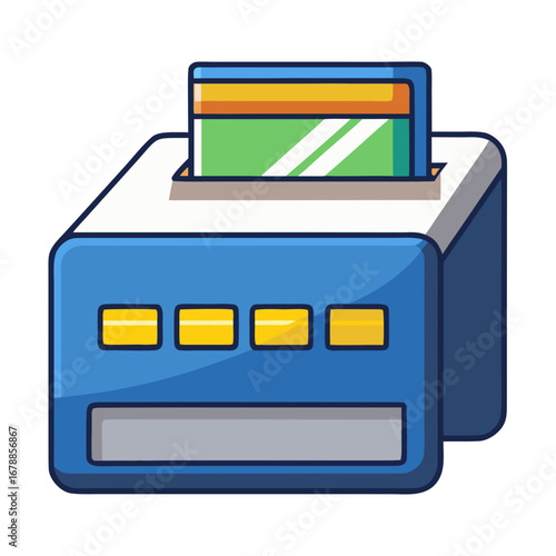 Credit card reader with inserted card in blue and white design  