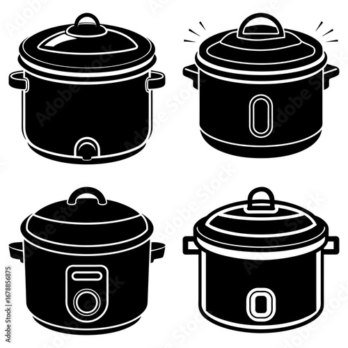 Illustration of four black and white slow cookers with lids and handles in a square arrangement