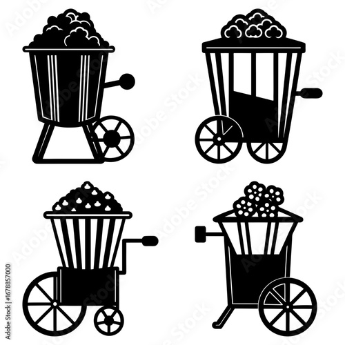 Collection of four black and white popcorn carts each filled with popcorn on a white background