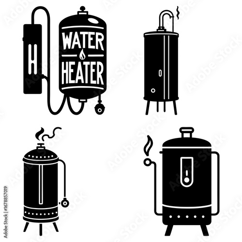 Illustration of four different water heaters with various designs and features in a black and white style