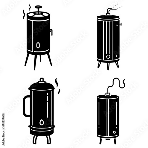 Illustration of four black and white smokers with varying designs and steam or smoke emanating from them