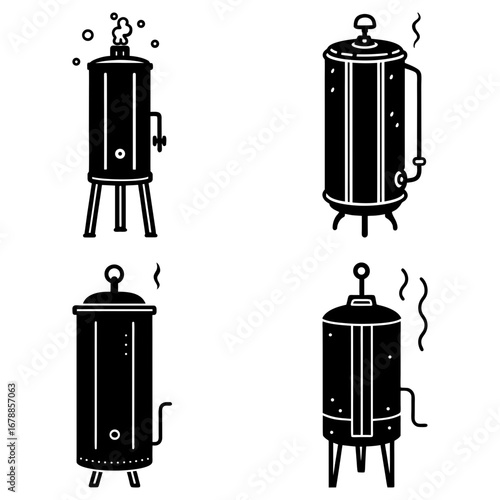 Illustration of four black smokers with varying designs and smoke plumes on a white background image design