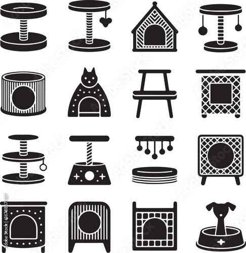 cat, furniture, and, accessory, collection, pet, supply, for, feline, simple, solid, black, design, icon, set, vector