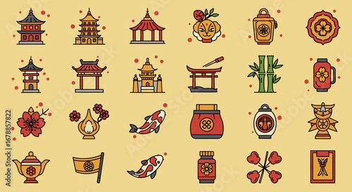 Vector Set of Hand-Drawn Asian Themed Colored Doodles