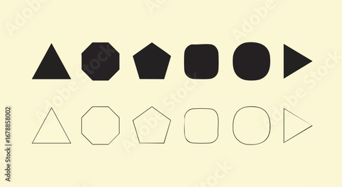 An arrangement of geometric shapes in two rows, featuring filled black figures above and corresponding outlined figures below, against a light yellow background.