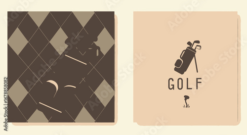 Vector Golf Card Template with Bag and Clubs on Argyle Background