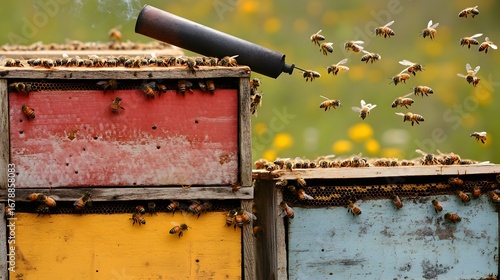 Wallpaper Mural Honeybee Swarm Flying from Colorful Beehives Torontodigital.ca