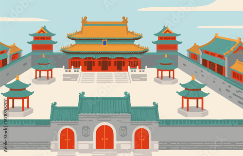 Chinese style architecture and scenery, vector diagram