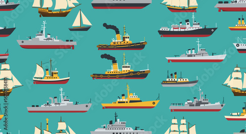 Vector Seamless Nautical Background with Carrack Tugboat Cruiser and Corvette