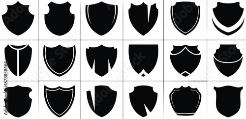 Diverse collection of modern black shield emblems and symbols for security and protection