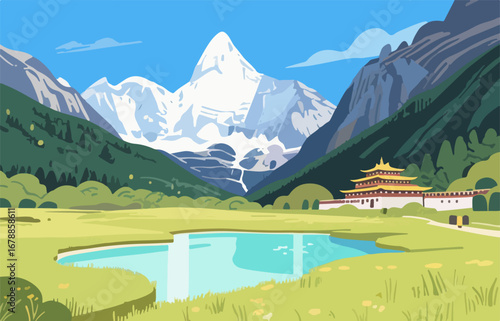 Chinese style architecture and scenery, vector diagram