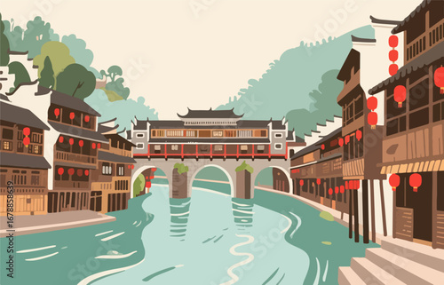 Chinese style architecture and scenery, vector diagram
