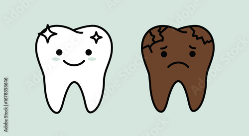 Cartoon Vector Outline of Rotten Tooth and Healthy Tooth Illustration