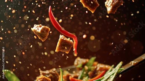 Close-up of stir-fried green beans and beef in savory sauce on metal spoon with chili flakes flying, perfect for Asian cuisine presentations