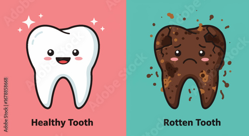 Cartoon Vector Outline of Rotten Tooth and Healthy Tooth Illustration