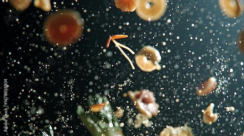 Fresh ingredients including bok choy, shrimp, noodles, and cabbage splashing in water with dynamic motion, perfect for Asian cuisine and food promotions