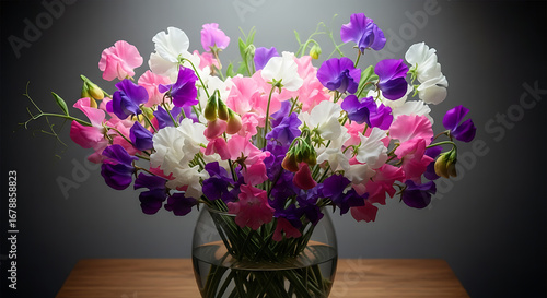 Wallpaper Mural A colorful bouquet of sweet pea flowers in a glass vase on a wooden surface against a gray background ai generated Torontodigital.ca