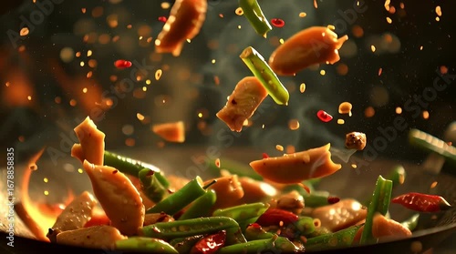 Spicy stir fry with chicken and green and red chili peppers sizzling in a hot wok with flames and smoke, vibrant Asian cooking close-up