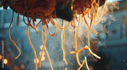 Steaming hot shrimp stir-fry with broccoli and noodles in a pan, close-up culinary dish perfect for food blogs and restaurant menus