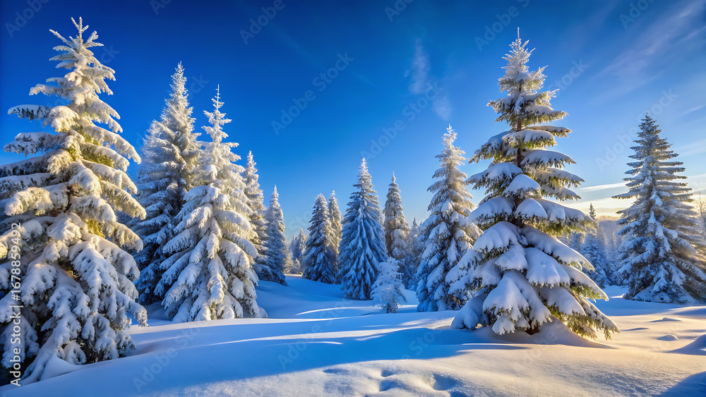 Fototapeta premium Snow Covered Pine Trees Under Clear Blue Sky