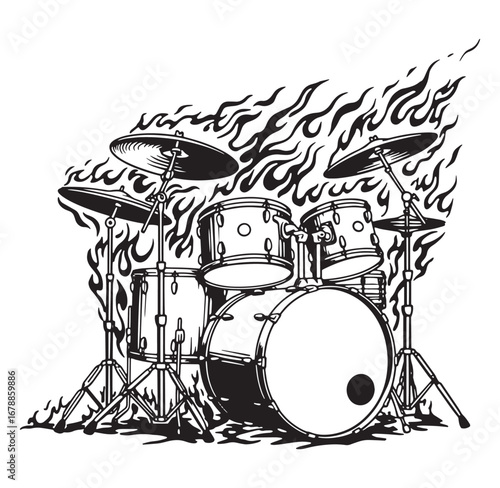 A powerful black and white illustration of a drum kit surrounded by flames of energy