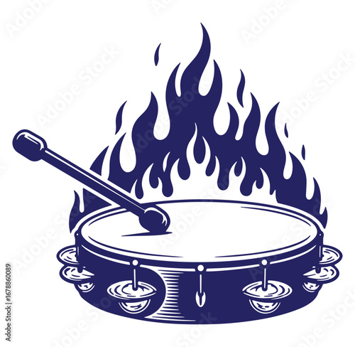 A retro style illustration depicting a burning tambourine instrument with musical beats