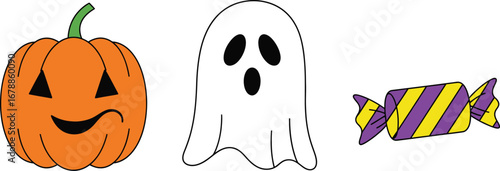 Halloween pumpkin, ghost, and candy for holiday celebration and decoration in autumn season