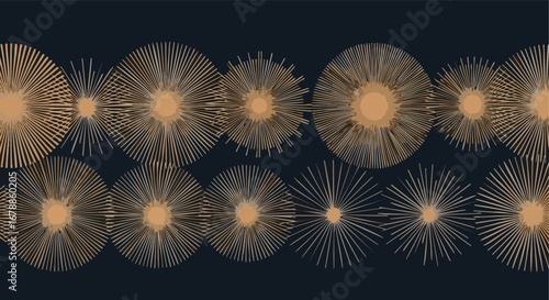 Elegant gold sunbursts create a sophisticated abstract pattern on a dark navy background