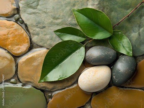 Wallpaper Mural Zen Stones and Green Leaves on Wet Pebbles Torontodigital.ca