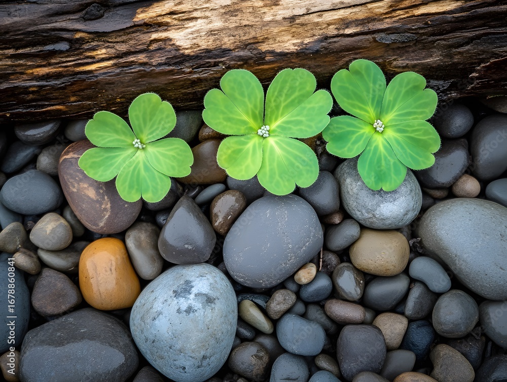 custom made wallpaper toronto digitalThree Green Clover-like Plants on Smooth Stones and Wood
