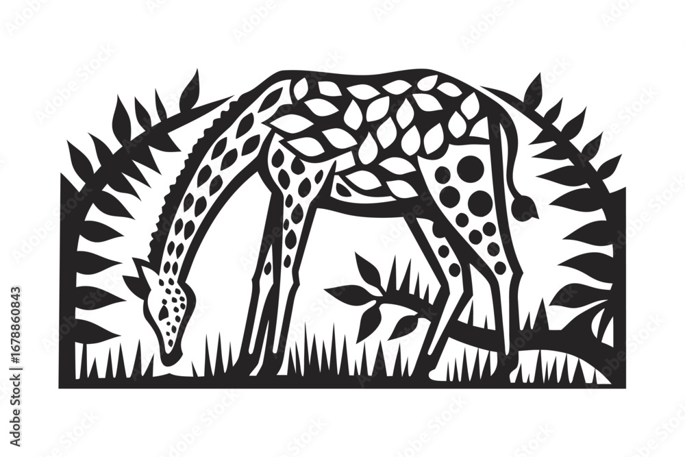 Obraz premium Giraffe Eating Grass, Wildlife Silhouette Design on White Background