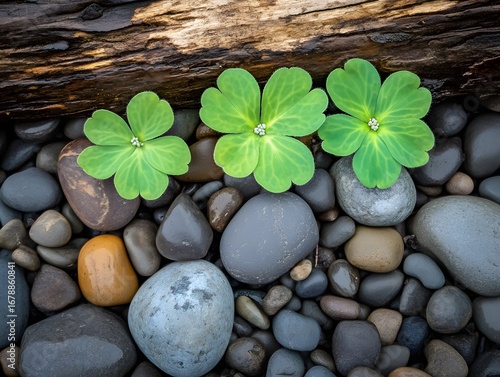Wallpaper Mural Three Green Clover-like Plants on Smooth Stones and Wood Torontodigital.ca