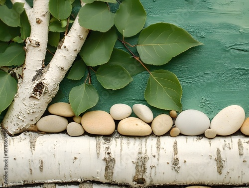 Wallpaper Mural Serene Birch Branches Stones Green Background Nature Still Life Torontodigital.ca