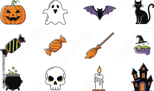 Halloween icons set with pumpkin, ghost, bat, cat, candy, broom, cauldron, skull, candle, and haunted house