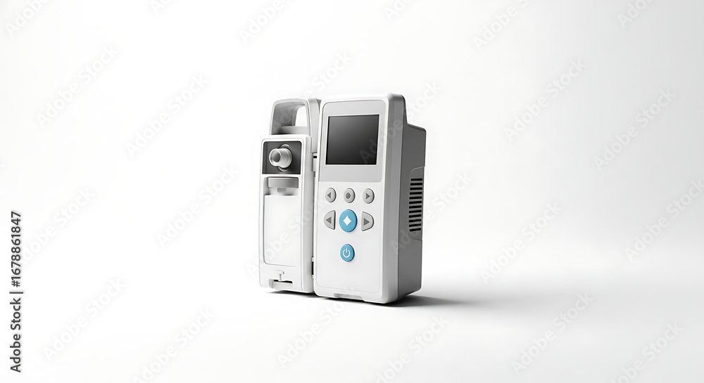 Fototapeta premium A medical device with a screen and buttons on a white background in a studio setting showcasing detail ai generated