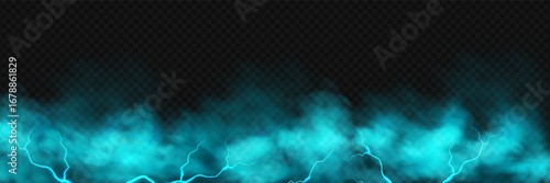 Blue clouds with shining lightning on dark background.