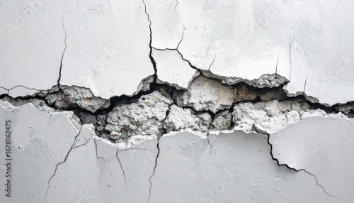Severe damage to a white concrete wall, revealing structural cracks.