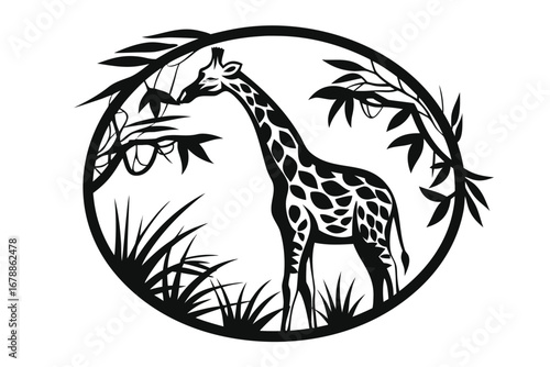 Giraffe Silhouette Wildlife, Tropical Vegetation, Black Outline on White Background