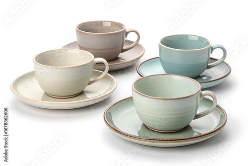 Wallpaper Mural Four Ceramic Coffee Cups and Saucers in Various Earthy Tones on a White Background image photo Torontodigital.ca