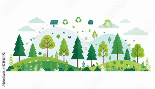 A vibrant green landscape illustration featuring various trees, rolling hills, and symbols of environmental sustainability like recycling and solar energy.