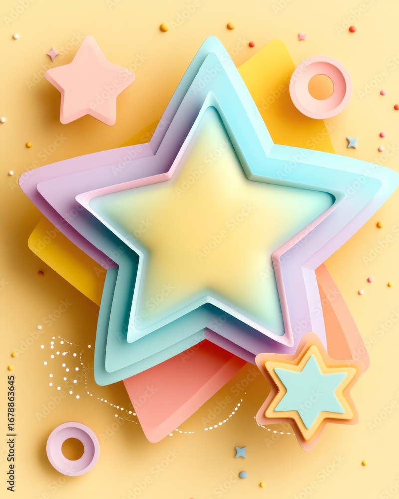 Fototapeta premium a central pastel star and three dotted-line circular frames