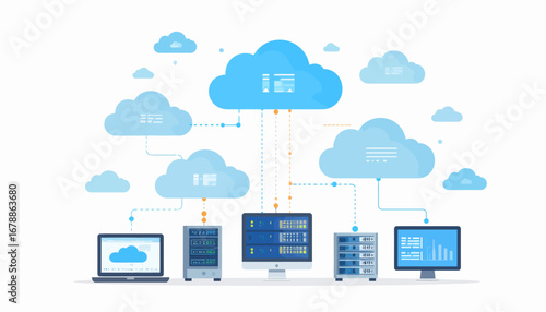 Illustration of a cloud computing network connecting various digital devices, servers, and data storage systems.