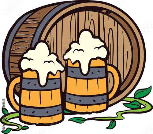 Beer Barrel and Mugs Illustration – Brewery Ingredients with Wooden Keg