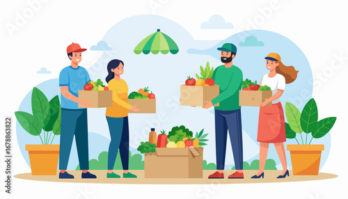 Four people carrying and organizing boxes filled with fresh fruits and vegetables, surrounded by potted plants in an outdoor setting.