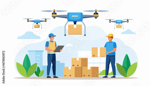 Two delivery men receiving packages from autonomous drones in an urban setting, illustrating modern logistics and e-commerce.