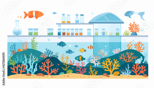 An illustration of a vibrant underwater coral reef ecosystem with various fish, observed and studied by a scientific laboratory facility above the water surface.
