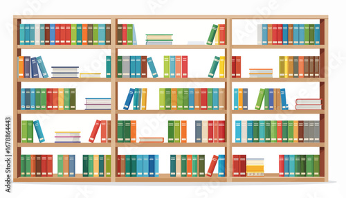 A large wooden bookshelf filled with numerous colorful books, neatly organized in a library or study setting.